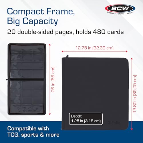BCW 12-Pocket Zipper-Folio LX Trading Card Binder (Black) | Card Collection Binder with 480 Card Capacity | Archival Safe Pages | Secure Wrap-Around Zipper | Pocket Trading Card Holder Album - color: Black