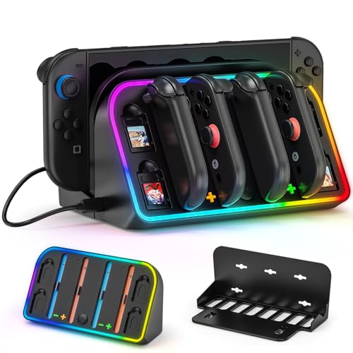Switch 2 Wall Mount, Wall Mount Stand for Nintendo Switch 2 (2025) Console with 4 Joy Con Charger Ports and 7 RGB Modes Light, Space Saving Dock with Cooling Vent Design & Easy Installation