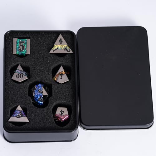 Galaxy Metal Dice Set, 7PCS Polyhedral DND Dice with Glitter Resin Inlay, Heavy Metal RPG Dice for Dungeons and Dragons Tabletop Games - color: Black Nickel Seven Colors