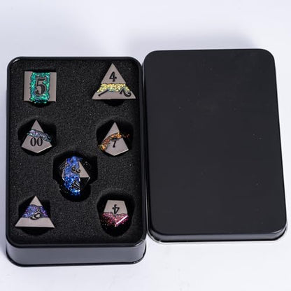 Galaxy Metal Dice Set, 7PCS Polyhedral DND Dice with Glitter Resin Inlay, Heavy Metal RPG Dice for Dungeons and Dragons Tabletop Games - color: Black Nickel Seven Colors