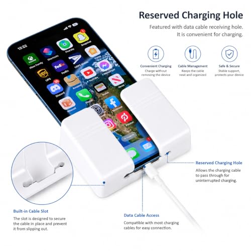 Wall Phone Holder, Adhesive Phone Wall Mount with Cable Hole, Bathroom Bedside Kitchen RV Phone Holder Compatible with iPhone, Android Phones and Remote Controls (White) - color: White