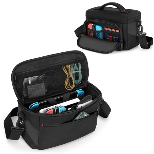 LUXJA Carrying Case Compatible with Nintendo Switch & Steam Deck, Black | Multiple Pockets Shoulder Bag for PlayStation Portal, ROG ally, Console Dock, Joy-Cons, Game Cards and More Accessories