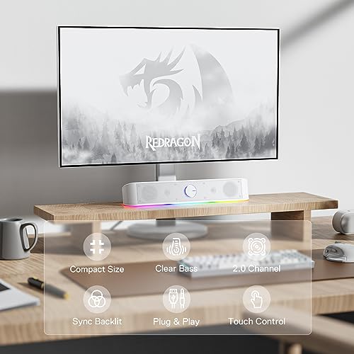 Redragon GS560 RGB Desktop Soundbar, Dynamic Lighting Bar with Audio Sync | 2.0 Stereo Enhanced Auido Quality, Touch-Control Backlit, Volume Knob, Plug & Play USB Powered Computer Speaker - color: White
