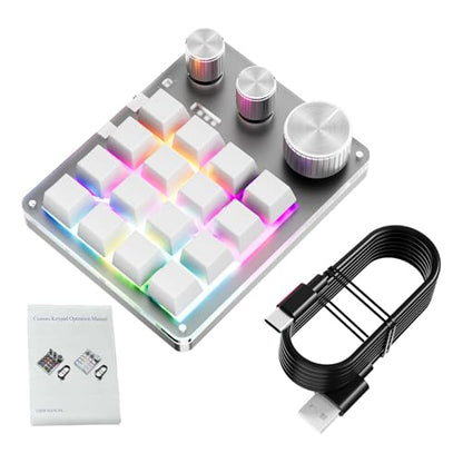 Programmable Macro Keyboard, 16 Keys 3 Knob Mini Mechanical Gaming Keypad Multifunctional Macropad with USB Wired Bluetooth Mode Volume Controller (White) - color: White