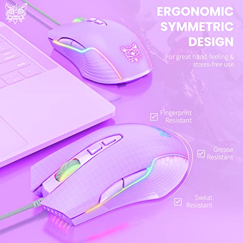 Cute RGB 6400 DPI Wired Gaming Mouse Breathing LED Optical USB 7 Buttons Gamer Computer Pink Mice for Laptop PC Desktop (Purple) - color: Purple