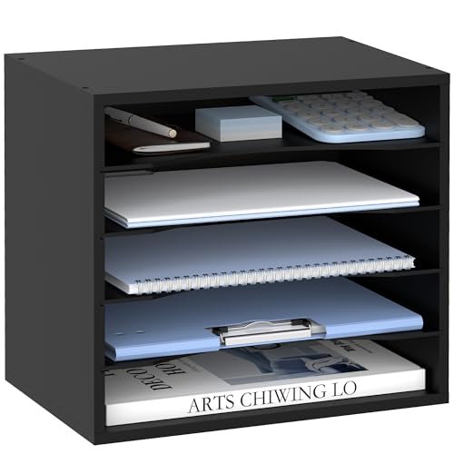 5 Tier Wood Desk Organizer, Mail Sorter and Paper Organizer for Desk, Black | Wooden Desktop Organizer for Sorting Papers, Letters and Mails, Literature Organizer for Home Office, Classroom Organization - color: Black, size: 13.4" x 9.1" x 12", style: 5 C