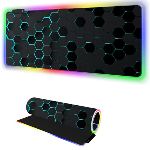 RGB Mousepad Led Mouse Pad Desk Mat I 31.5 x 11.8 Inch Large Mouse Pad I XL Oversized Big Mouse mat 14 Led Light Modes I Anti-Slip Rubber Base Waterproof Keyboard Pad for PC Gaming I Black Honeycomb - color: Black Honeycomb