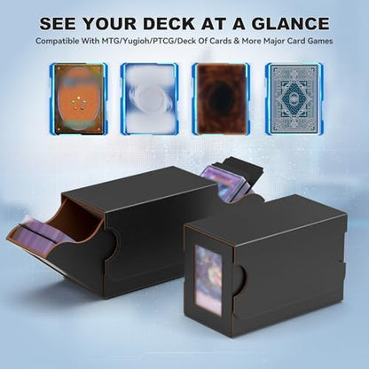 Card Deck Box Magnetic Flip MTG Commander Deck Box 200 TCG Card Storage Box PU Leather Double Deckbox Trading Card Deck Box Card Deck Case with Windows & 4 Dividers, 45° Quick Access &Dual Thumb Notch
