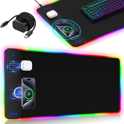 Magnetic Charging Mouse Pad 31.5x15.75, 15W Fast Wireless Charging Desk Mat, XXL Desk Pad RGB Gaming Mousepad, Home Office Large Keyboard Pad with Ultra-Smooth Surface, Non-Slip Base - color: 31.5x15.75"Magnetic RGB-Black with PD Charger