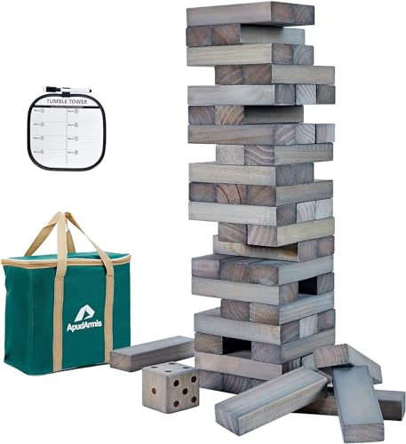 ApudArmis 60 PCS Giant Tumble Tower, Pine Wooden Stacking Outdoor Game 5FT | Non-toxic NZ pine, crack-resistant. 60 oversized blocks. Safe & fun large tumbling tower game for family gatherings - color: Gray, size: L-Stack to 5 FT