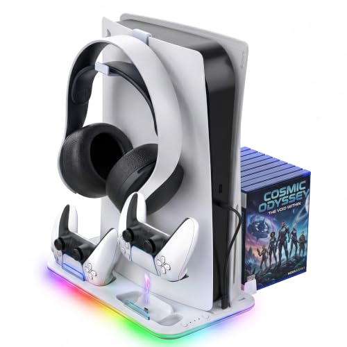 Fosmon for PS5/Slim/Pro Cooling Station and Charging Stand Vertical Controller Charger, Fan Cooler System with RGB Light,15 Game Slot, USB Port, Gaming Headset Holder for PS5 Console Accessories Kit