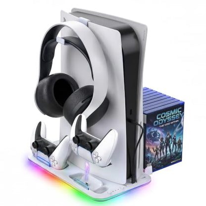 Fosmon for PS5/Slim/Pro Cooling Station and Charging Stand Vertical Controller Charger, Fan Cooler System with RGB Light,15 Game Slot, USB Port, Gaming Headset Holder for PS5 Console Accessories Kit