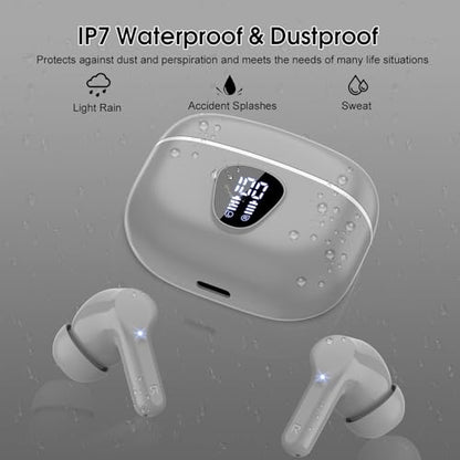 Wireless Earbuds, Bluetooth 5.4 Headphones HiFi Stereo, Bluetooth Earbuds with ENC Noise Cancelling Mic, IP7 Waterproof in Ear Earphones, 48H, LED Display Ear buds for Pad Workout Sports, Grey - color: Grey