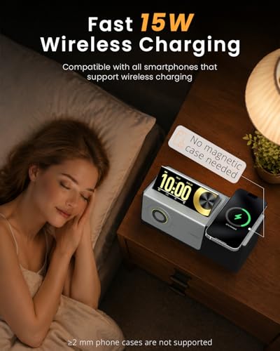 GoldJoy 7 in 1 Bluetooth Speaker Wireless Charging Station for Home Gift | Sound with Punchy Bass, Sunset Lamp & White Noise for Sleep, Smart Flip-Up LCD Display, Clock Syncs Phone's Time and Date - color: Black
