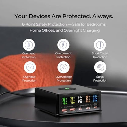 160W Desktop Charger Station with Wireless Charging Pad & Per-Port Display | Powers Multiple Devices at Once: PD 3.0 65W USB-C for MacBook, QC 3.0 for Phones, 15W Qi for iPhone, Pixel, Samsung, iPad