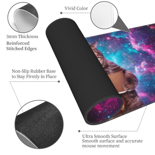 Funny Space Cat Large Mouse Pad, XL Extended Gaming Mousepad (31.5 x 11.8 in), Non-Slip Rubber Base Desk Mat with Stitched Edges for Office & Gaming, Pizza & Coffee Design - color: 22