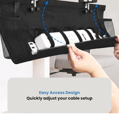 No-Drill Under Desk Cable Management Tray, 28", Black Standing Under Cable | No Drill, Fabric Cord Organizer with Reinforced Base, Clamp Mount Wire Management, For Office/Home & Standing Desk