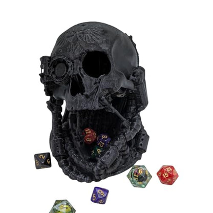 Mechanical Skull Dice Tower Dungeons and Dragons RPG abletop Roleplaying Game Jail D&D (Random 7PCS D20 Dice Set Included) Black - color: Black