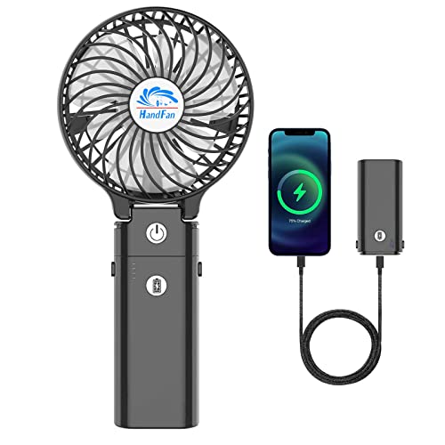 HandFan 5200mAh Portable Handheld Fan, Personal Hand Held Fan USB Rechargeable, 180° Foldable,3 Speeds Strong Airflow Cooling Fan for Travel/Outdoors/Beach/Concerts/Disney/Games/Picnics/Park (Black) - color: Clear‑Blade Matte Black