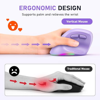 MEETION Left-Handed Wireless Ergonomic Vertical Mouse, Rechargeable -Purple | Dual Bluetooth 5.2/3.0 + USB, RGB lighting, 4 adjustable DPI, compatible with Windows, Mac, PC, iPad and tablets - color: Left Purple