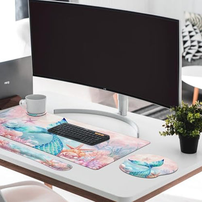 Britimes Pink Cute Deep Sea Mermaid Keyboard Mouse Pad Set 4in1 Large Mousepad+Keyboard Wrist Rest+Mouse Wrist Rest+Coaster Set with Ergonomic Design for Home Office Computer 35.4x15.7 inches - color: Mermaid