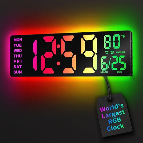 EASYERA 16.5" Large Digital Wall Clock with BT Sync,11 RGB Lights | Classroom Clock Remote Control, Big LED Display, Dual Alarms, Auto DST, Temperature | Gaming - color: Black