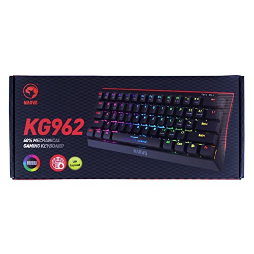 MARVO KG962 Mechanical Gaming Keyboard - 60 Percent Compact Format, Rainbow Backlit, Full Anti Ghosting with N Key Rollover, Red Switches, UK Layout