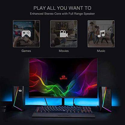 Redragon GS520 Wired 2.0 Channel Stereo Sound Desktop RGB Computer Speakers | Enhanced Auido Quality, Plug & Play USB Powered PC Gaming Speaker, 6 Colorful Backlight Modes, Easy-Access Volume Control - color: Black