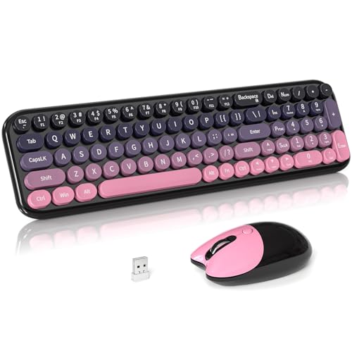 Wireless Keyboard and Mouse Combo, Meidosa 2.4GHz Colorful Full-Size Retro Typewriter Keyboard with Cat Shape 3 Level Adjustable Optical Mouse for PC/Desktop/Laptop/Windows (Berry Pink) - color: Compact Berry Purple Colorful