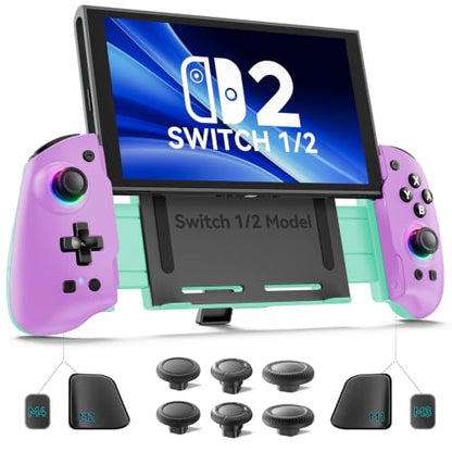 OIVO VGA DESIGN Switch Controller Handheld for 1/2/OLED, Ergonomic Grip Stretch Joypad for SW Console, Wireless Controller with TMR Joysticks, RGB Lighting, Turbo, 4 Macros & Card Slot - color: Purple & Green