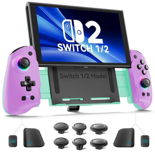 OIVO VGA DESIGN Switch Controller Handheld for 1/2/OLED, Ergonomic Grip Stretch Joypad for SW Console, Wireless Controller with TMR Joysticks, RGB Lighting, Turbo, 4 Macros & Card Slot - color: Purple & Green