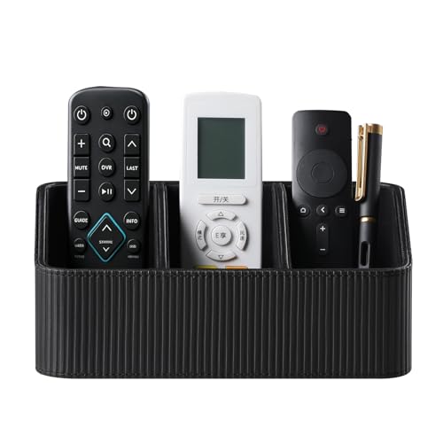 No Drill PU Leather Wall Remote Holder, 3 Compartments Storage Caddy for TV AC Remotes, Pens, Eyeglasses, Home Bedroom Bathroom Office (Stylish Black Fine Ribbed) - color: Stylish Black Fine Ribbed