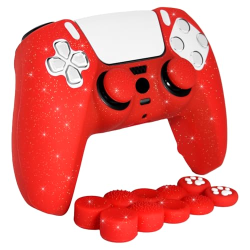 Red Glitter Silicone Protective Case for PS5 Controller, Sparkly Bling Soft Cover Skins, Includes 8-in-1 Glitter Thumb Grip Caps + 2 Cat Paw Caps – Shockproof Dustproof Anti-Slip - color: Red