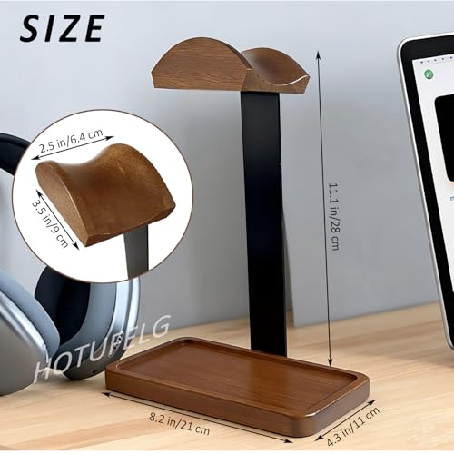 2-in-1 Wood Universal Headphone Stand With Storage Tray And Wood Arc Top | Curved Support Helps Distribute Headband Weight, Storage Base Keeps Keys, Earbuds, And Desk Accessories Within Reach