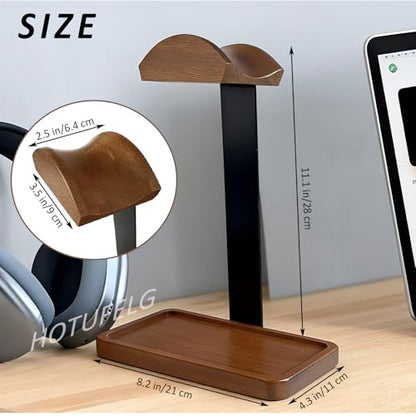 2-in-1 Wood Universal Headphone Stand With Storage Tray And Wood Arc Top | Curved Support Helps Distribute Headband Weight, Storage Base Keeps Keys, Earbuds, And Desk Accessories Within Reach