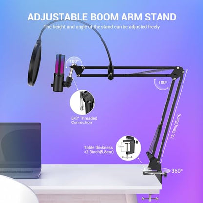 Gaming USB Microphone, RGB Condenser mic with Mute, Gain, Monitoring, Boom Arm for Streaming, Podcast, Twitch, YouTube, PC, Computer, PS5, (M160+) - style: Mic with Boom Arm