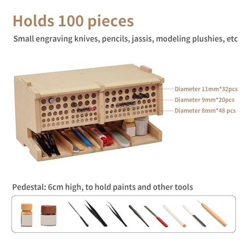 Wooden Model Kit Tool Storage Rack with 100 Holes, Brush/Paint Organizer with MDF Material, Craft Supplies Storage, Brush/Tool Holder, Suitable for Tamiya/Gundam Tools, GK6