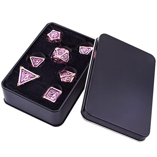 AUSTOR 7-Die Metal DND Dice Set Dungeons and Dragons Polyhedral Roll Playing Dice with Box D20 D12 D10 D% D8 D6 D4 for Pathfinder MTG RPG Board Games - color: Violet With Gold Edge