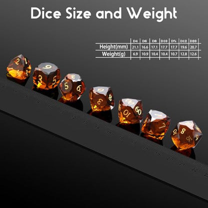 DNDND 7-Piece Glass Dungeons and Dragons Dice - Multifaceted Brown RPG Dice Set for DND, Tabletop Gaming, Collectors | Premium Gift Box & Durable Design (Brown) - color: Brown