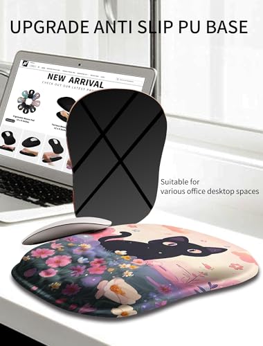 Hokafenle Ergonomic Wrist-Hugging Mouse Pad Wrist Support, U-Shaped Holding Wrist Rest Mousepad for Carpal Tunnel Pain Relief with Cushioned Memory Foam Slope Massage Bulge (10.2x8.3 in,Flower Cat) - color: Flower Cat
