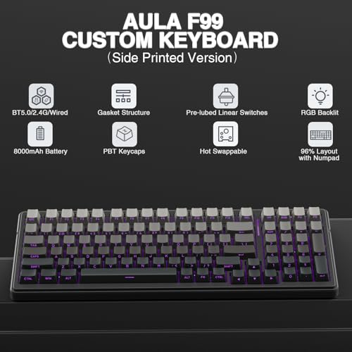 AULA F99 Wireless Mechanical Keyboard,Gasket Structure Hot Swappable Custom Keyboard,RGB Backlit,Creamy Sound,Side Printed PBT Keycaps,2.4GHz/USB-C/BT5.0 Computer Gaming Keyboards - color: Black