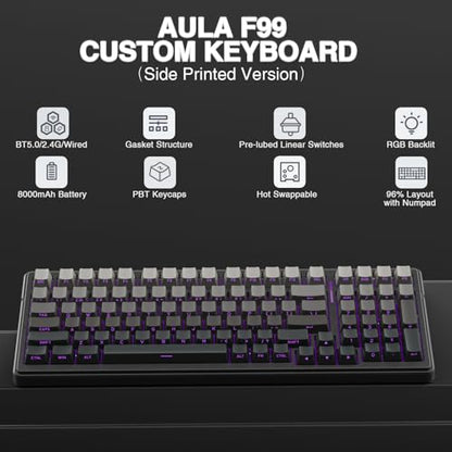 AULA F99 Wireless Mechanical Keyboard,Gasket Structure Hot Swappable Custom Keyboard,RGB Backlit,Creamy Sound,Side Printed PBT Keycaps,2.4GHz/USB-C/BT5.0 Computer Gaming Keyboards - color: Black