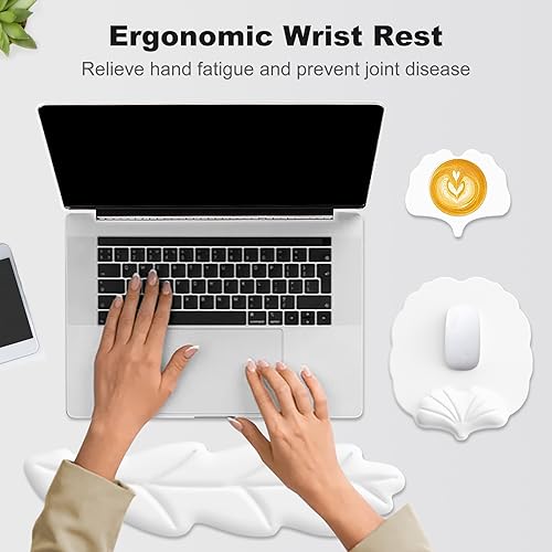 Keyboard Wrist Rest and Mouse Pad with Wrist Support Set, Ergonomic Leaf Shape Mouse Pad with Non-Slip Base, Pain Relief Memory Foam Mousepad for Computer,Laptop,Home Office, White - color: White