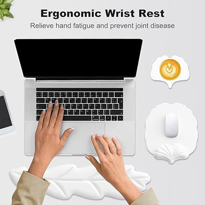 Keyboard Wrist Rest and Mouse Pad with Wrist Support Set, Ergonomic Leaf Shape Mouse Pad with Non-Slip Base, Pain Relief Memory Foam Mousepad for Computer,Laptop,Home Office, White - color: White