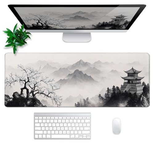 Pagoda Mouse Pad Abstract Cherry Blossom Watercolor Mouse Pad 31.5x11.8 Inch Texture Non-Slip Rubber Base Large Mousepad Stitched Edges Keyboard Mouse Mat Desk Pad for Office - color: Pagoda