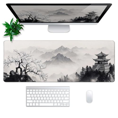Pagoda Mouse Pad Abstract Cherry Blossom Watercolor Mouse Pad 31.5x11.8 Inch Texture Non-Slip Rubber Base Large Mousepad Stitched Edges Keyboard Mouse Mat Desk Pad for Office - color: Pagoda