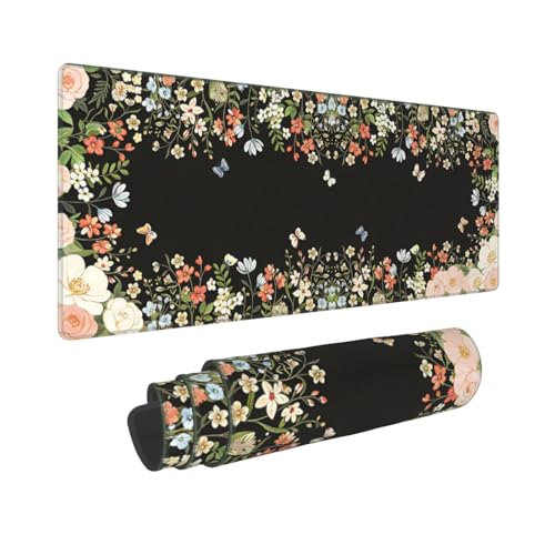 Large Gaming Mouse Pad Desk Mat, Black Girly Floral Extended Keyboard Mouse Pad Mousepad with Non-Slip Base and Stitched Edge Mouse Mat Desk Pad Mouse Pads for Desk Home Office, 31.5 x 11.8 - color: Girly Floral Black