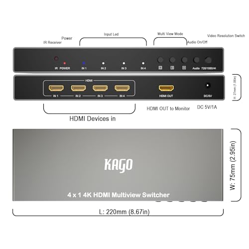 KAGO 4K HDMI Multi Viewer 4x1 Quad Switcher | 5 Display Modes, 7.1CH Audio Pass-Through, Seamless Switching, IR Remote, Heavy-Duty Metal - size: MV 1 x 4