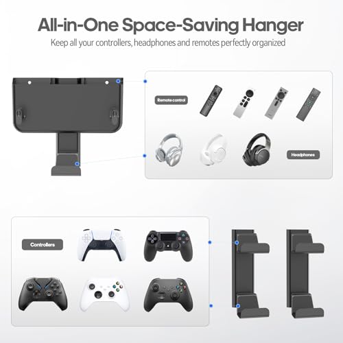 Controller & Headset & Remote Holder Wall Mount with No Drill, 4 Packs Gaming 8 Controllers Hanger Hook Mount for PS5/PS4/XBOX/Switch, Headphone Stand & Remote Control Holer Wall Shelf with Adhesives - size: 5 Packs
