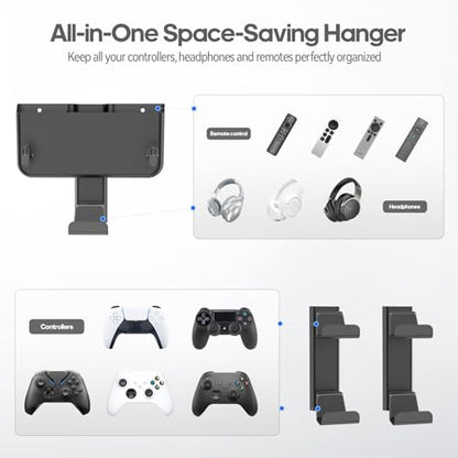Controller & Headset & Remote Holder Wall Mount with No Drill, 4 Packs Gaming 8 Controllers Hanger Hook Mount for PS5/PS4/XBOX/Switch, Headphone Stand & Remote Control Holer Wall Shelf with Adhesives - size: 5 Packs